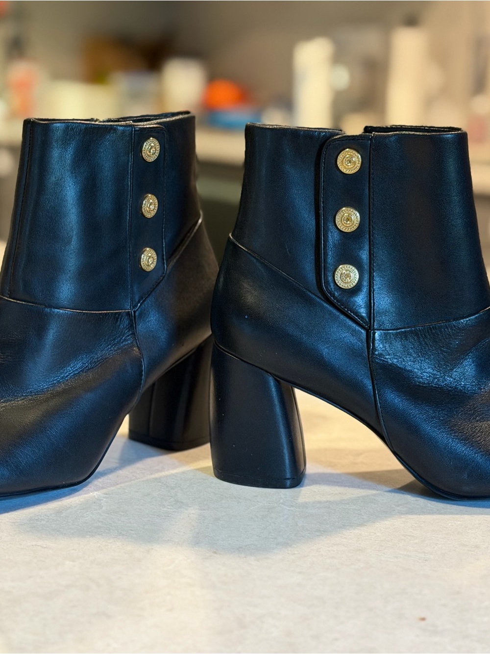 Nine West Black Leather Kirtley Heeled Ankle Booties Gold Buttons